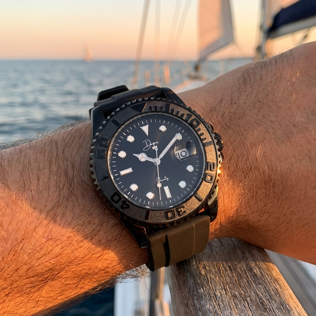 Black wristwatch on a person's arm with a scenic background of water and sailboats.