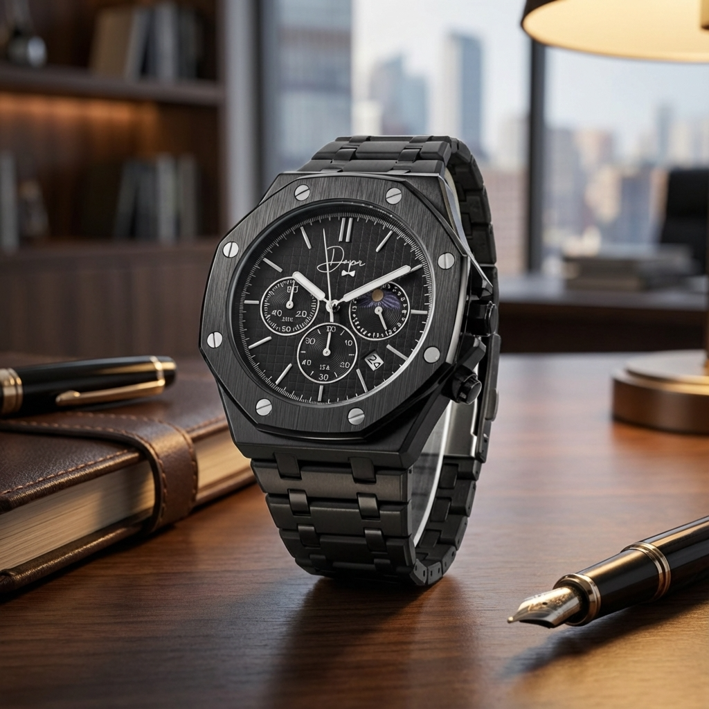 Black Stainless Steel Watch - ChronoLunar All Black by Dapper Watches - Dapper Watches