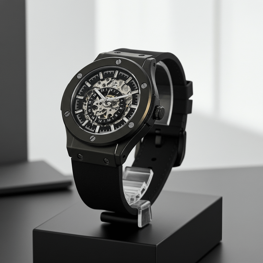 Skeleton Automatic Luxury Watch - The 199 Gunmetal displayed on a stand with a minimalist design and black color.