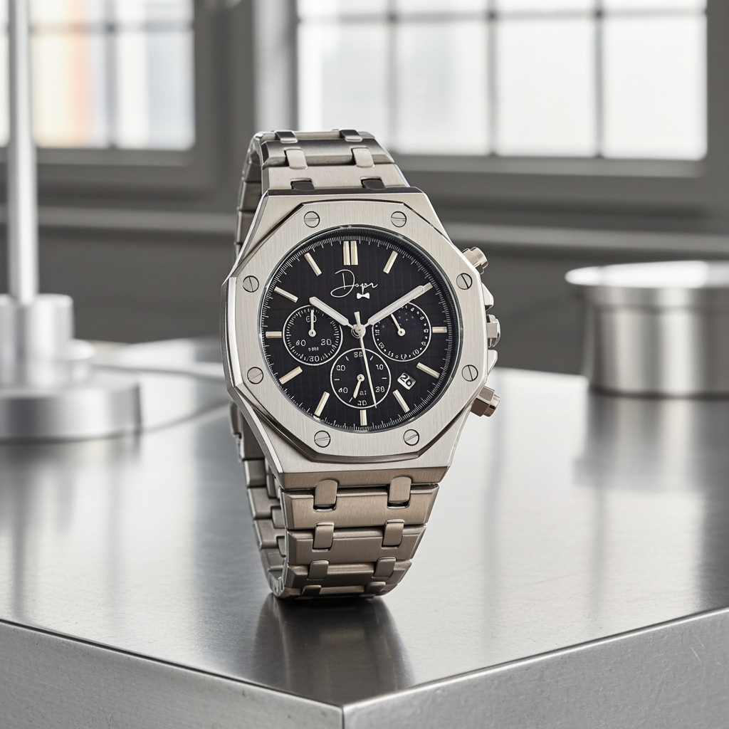 Silver watch with black dial on a metallic surface