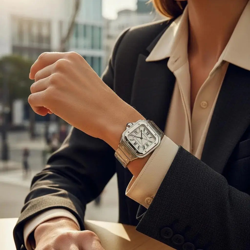 Elegant woman wearing a Cartier Santos luxury watch in a business casual outfit, set in an urban environment