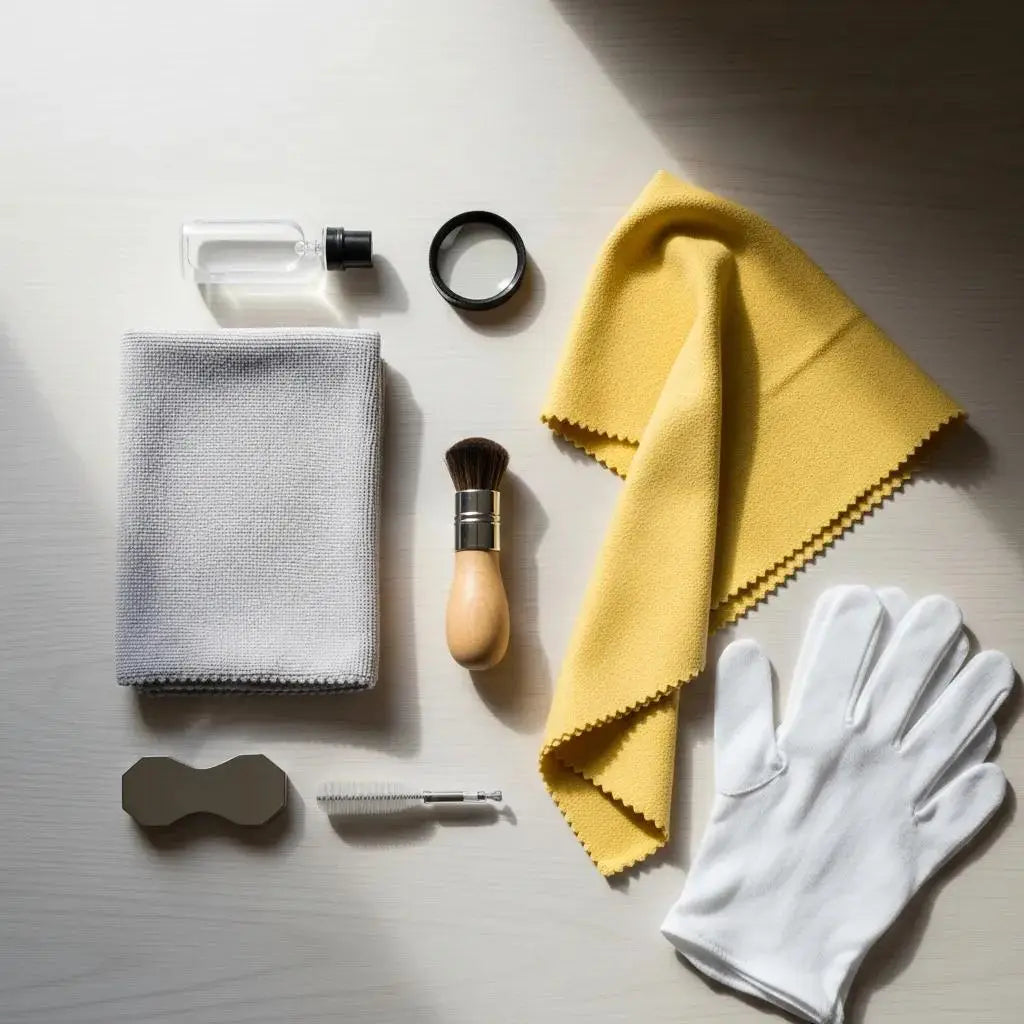 Essential cleaning tools for silver watch care displayed on a clean surface