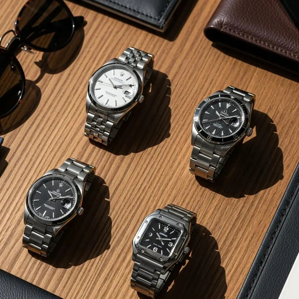 Flat lay of luxury casual watches including Rolex Oyster Perpetual, Omega Seamaster Aqua Terra, and Cartier Santos on a wooden table, emphasizing everyday elegance