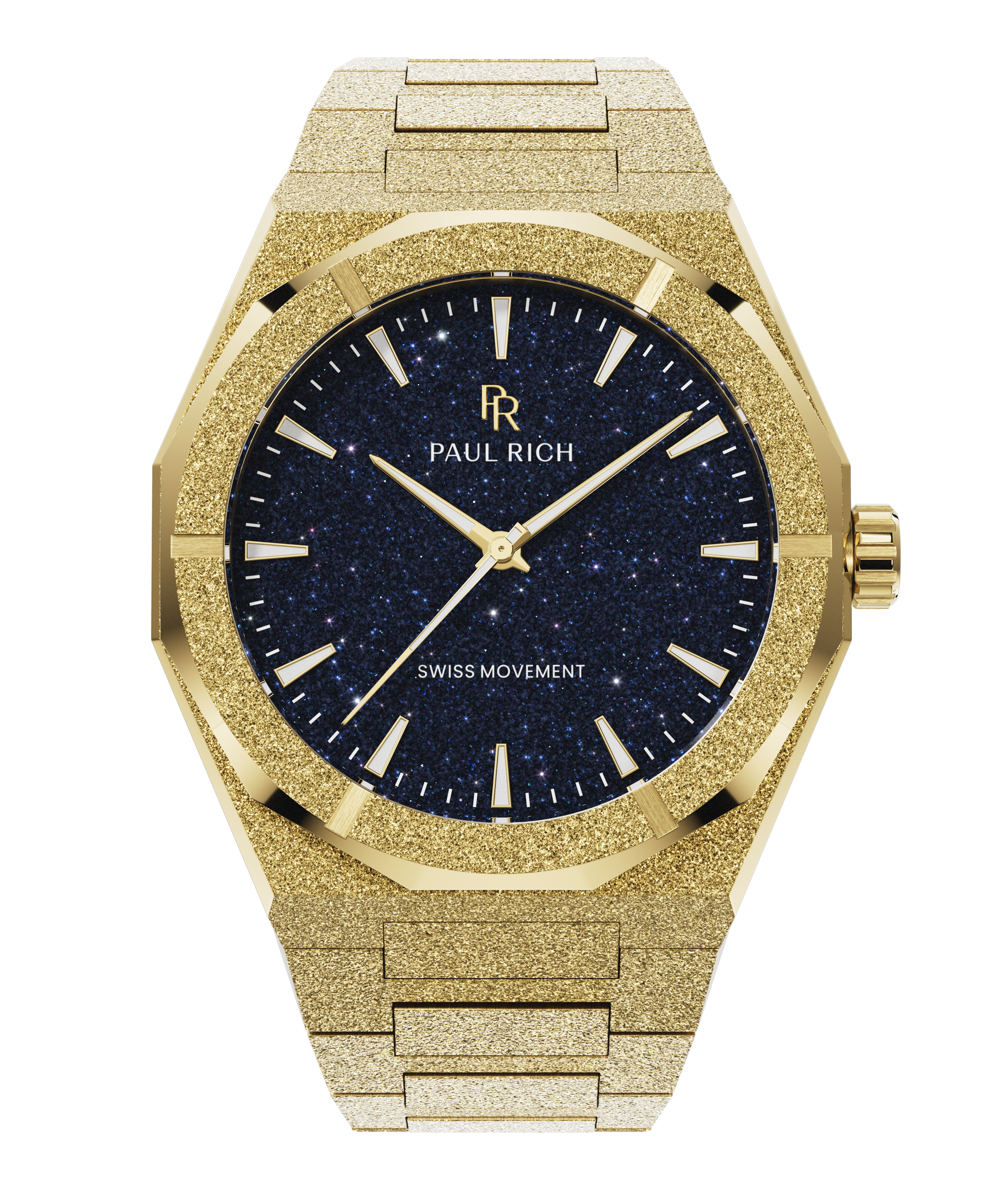 Gold watch with a dark face on a white background