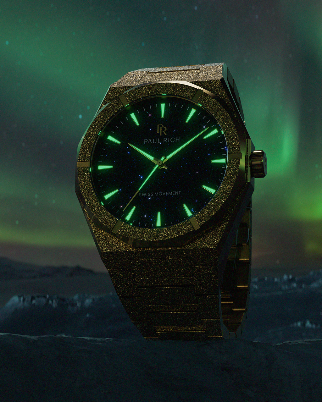 Green-lit watch with Northern Lights in the background