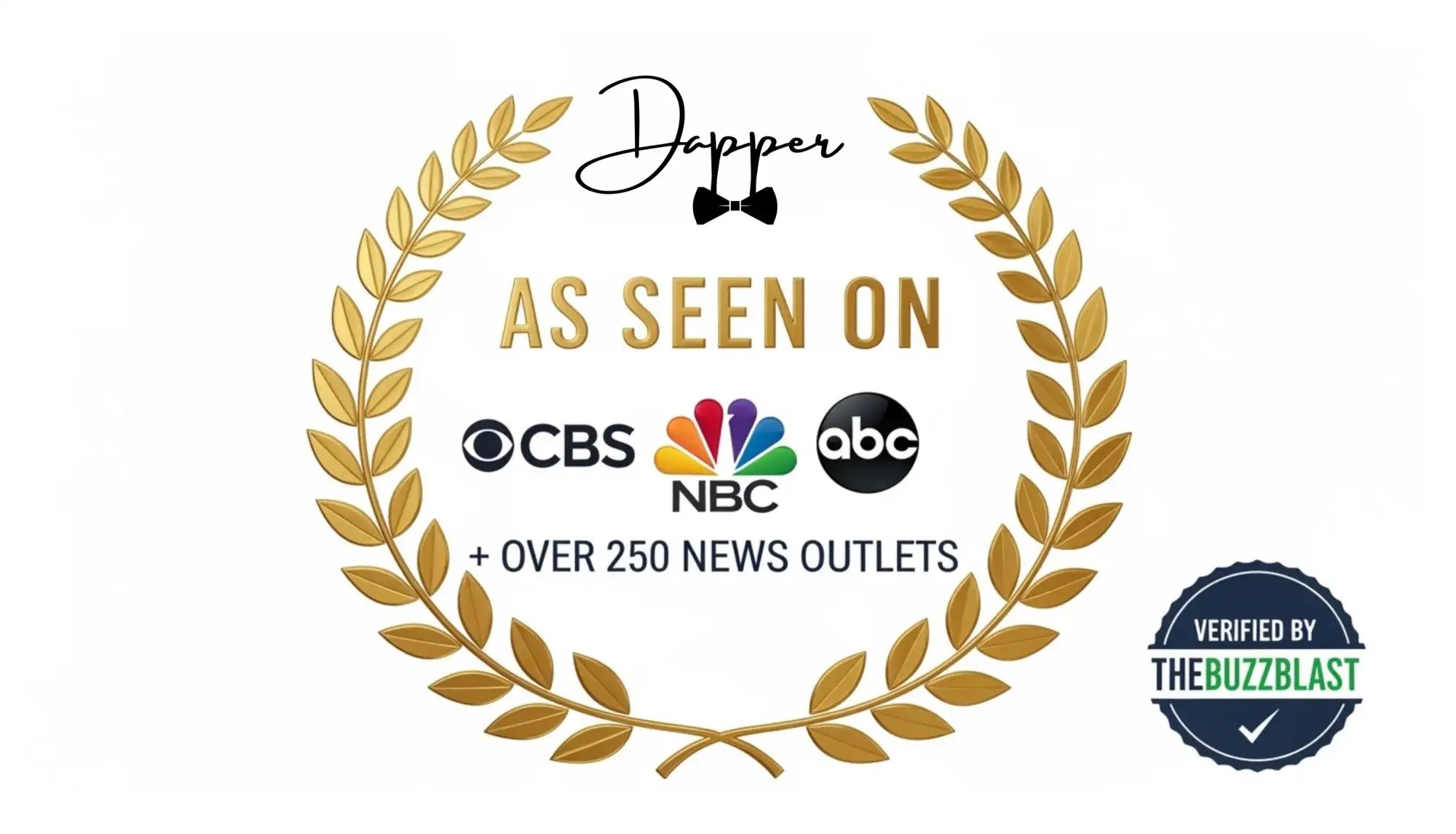 Gold laurel wreath logo featuring the brand name ’dapper’ with a bow tie above it, encircling logos of cbs, nbc, and abc networks.