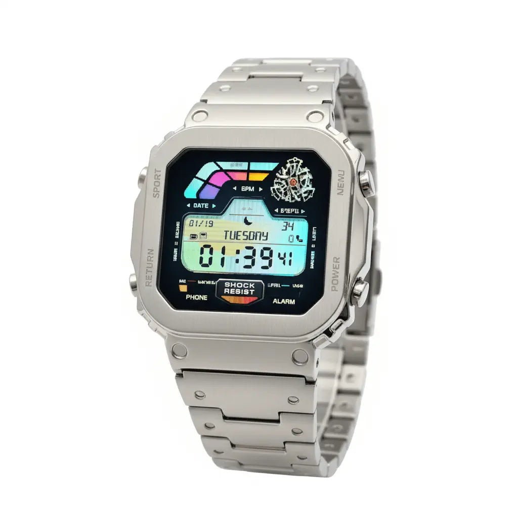 Silver digital watch with a rectangular face, metallic link bracelet, and colorful display showing time, date, and fitness metrics.