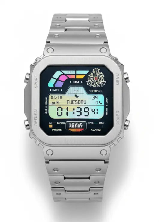 Silver digital watch with a rectangular face, colorful display showing time and date, and a metallic link bracelet.