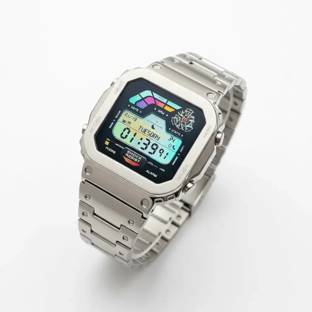 Silver-toned digital watch with a rectangular face, stainless steel band and case.