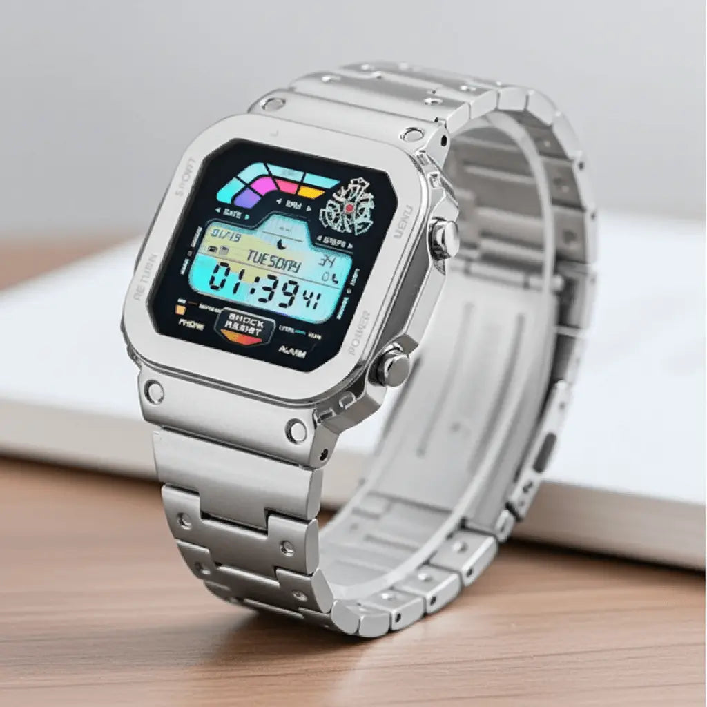 Silver-toned digital watch with a square case and matching metal bracelet, featuring a vibrant multi-colored display screen.