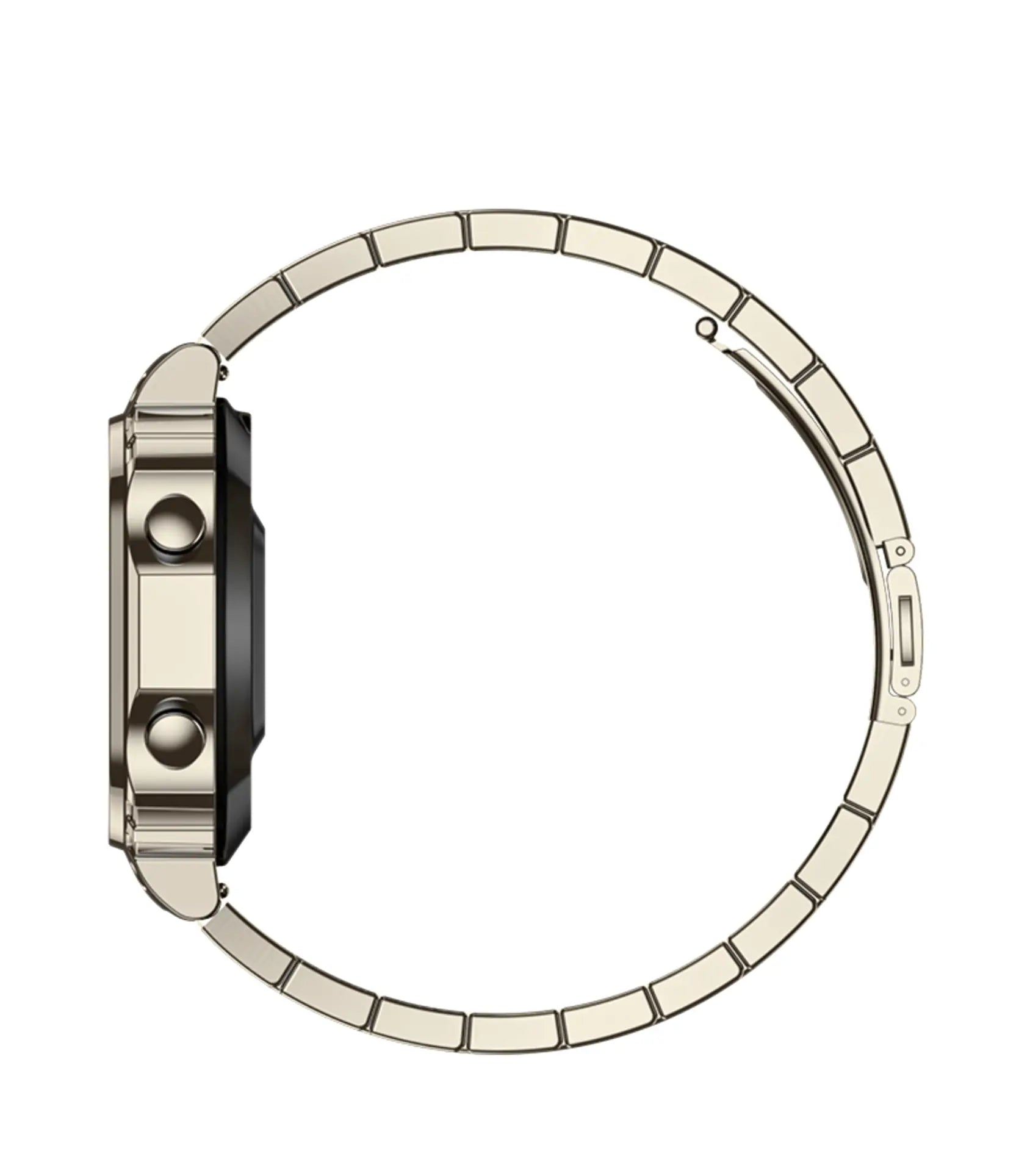 Silver-toned metal watch band with a sleek, interlocking link design.