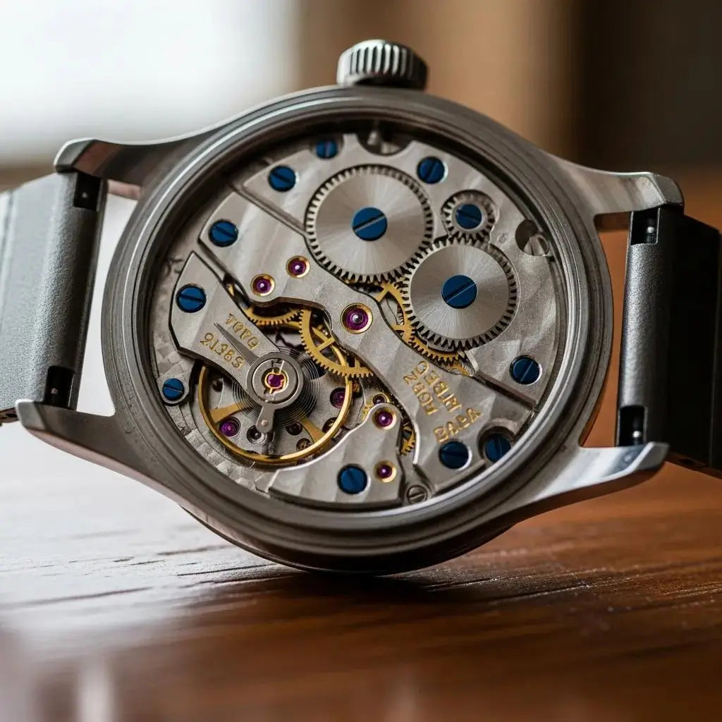 Intricate mechanical watch showcasing its movement and gears on a wooden surface