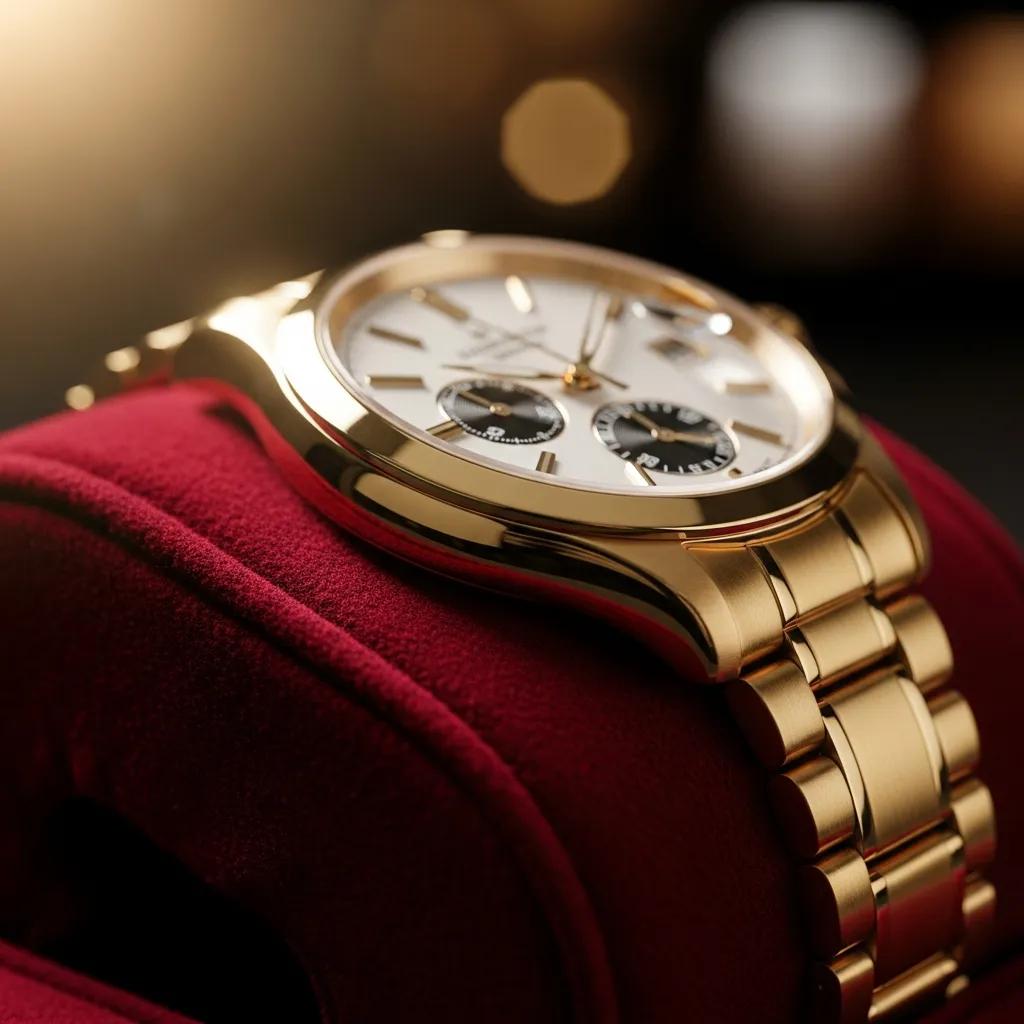Luxurious gold watch on velvet, showcasing its shine and craftsmanship