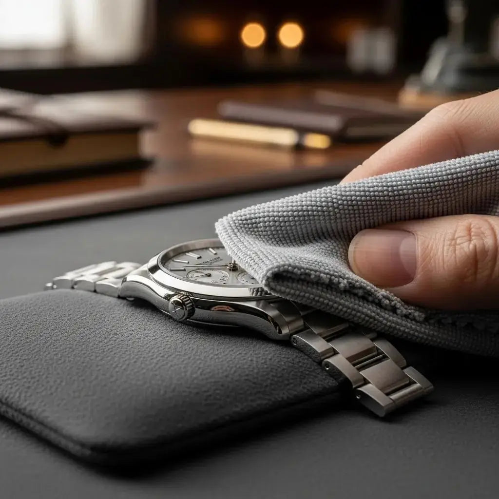 Luxury silver watch being cleaned with a microfiber cloth in an elegant workspace