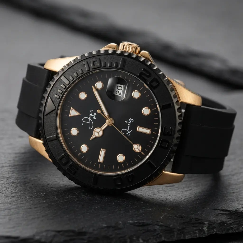 Black and gold luxury watch with a black rubber strap, featuring a bold dial marked ’dpr’ and ’quartz,’ designed in the style of a yacht-master.