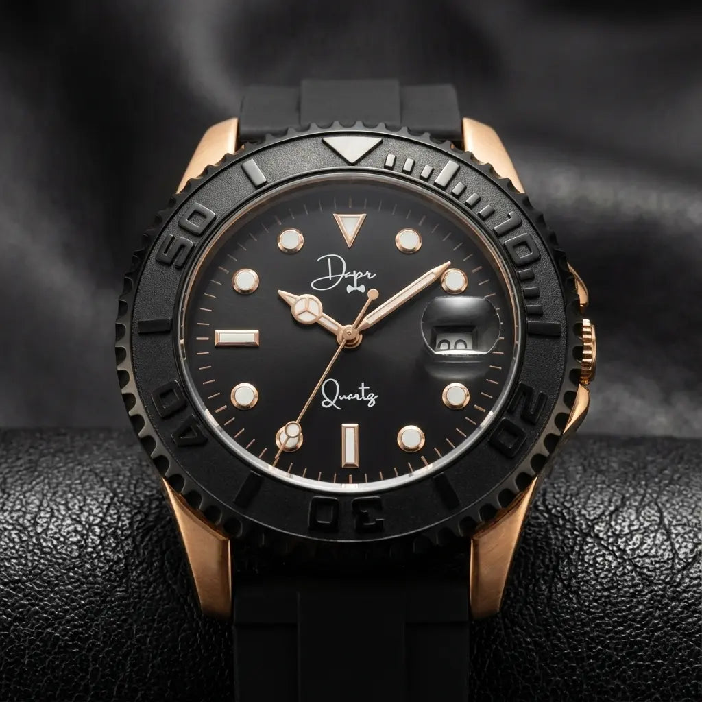 Black and rose gold dapr quartz watch with a black rubber strap and a unidirectional bezel.