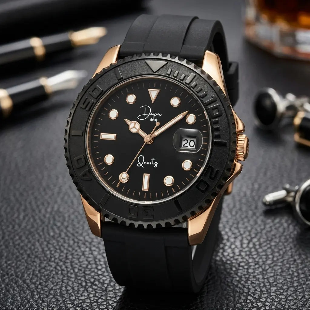 Black and rose gold dapr quartz watch with a black rubber strap.