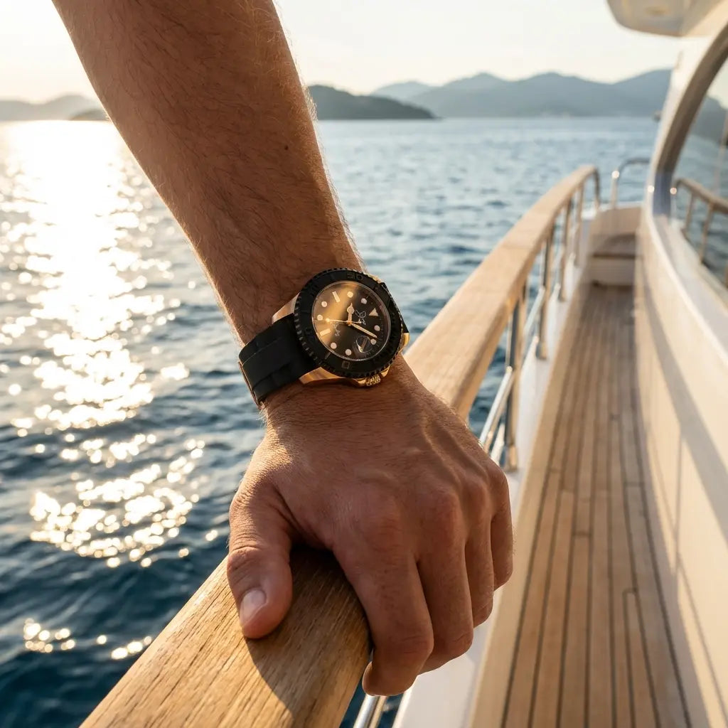 A sleek black and gold rolex yacht-master ii watch with a textured rubber strap, worn on a man’s wrist.