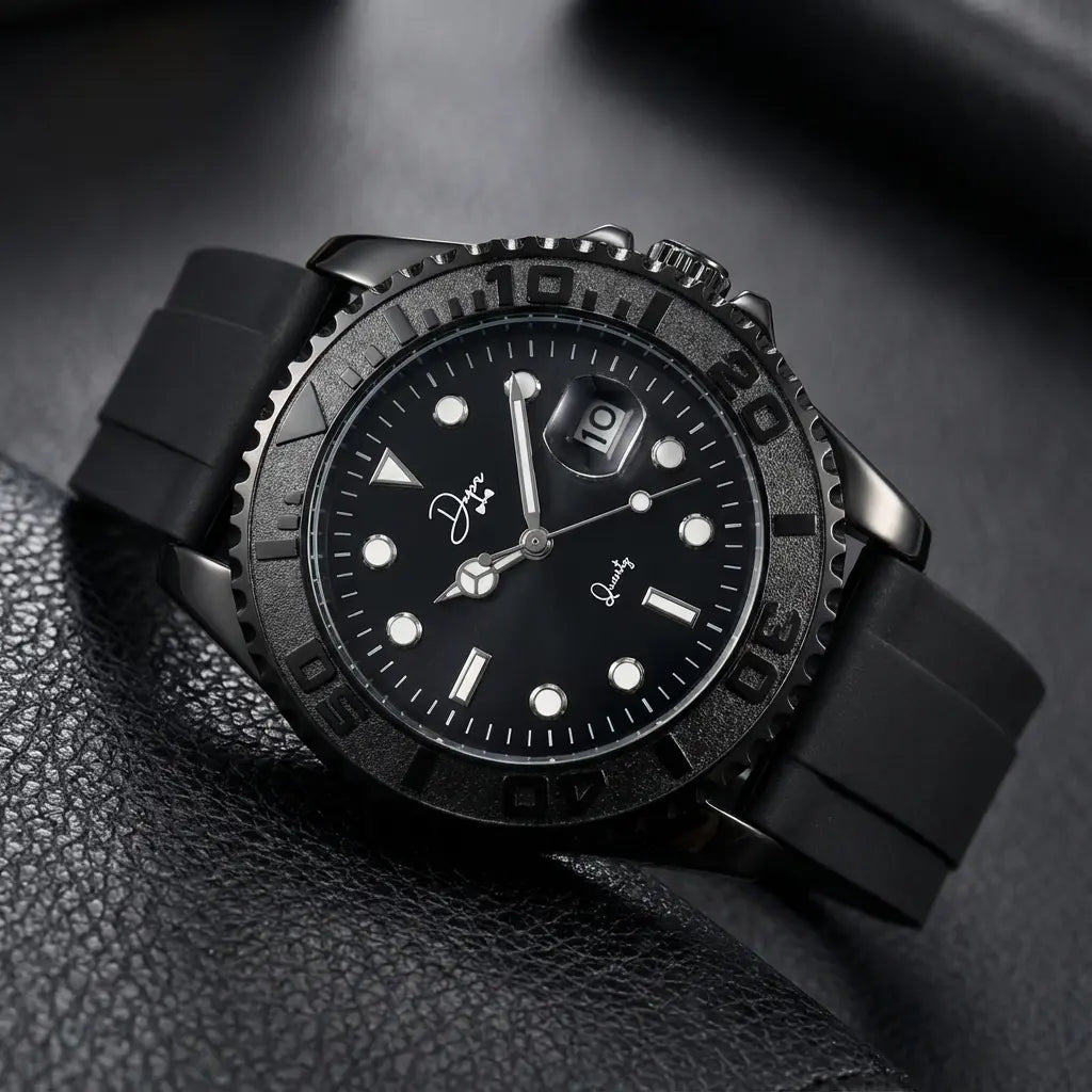 Black ceramic watch with a black rubber strap and silver-tone hands, featuring a date window at the 3 o’clock position.