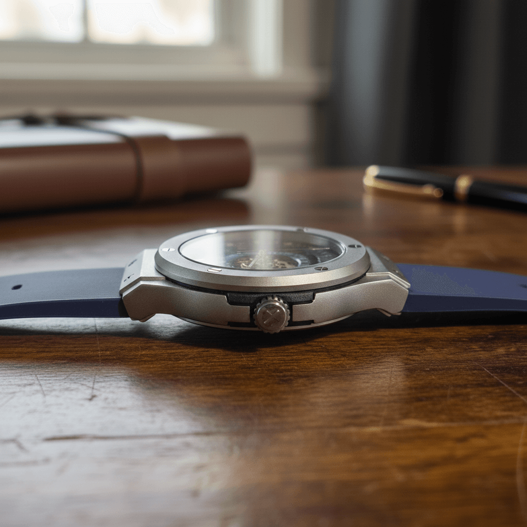 The 199 Blue - Skeleton Automatic Luxury Watch by Dapr showcasing its stainless-steel case and blue strap.