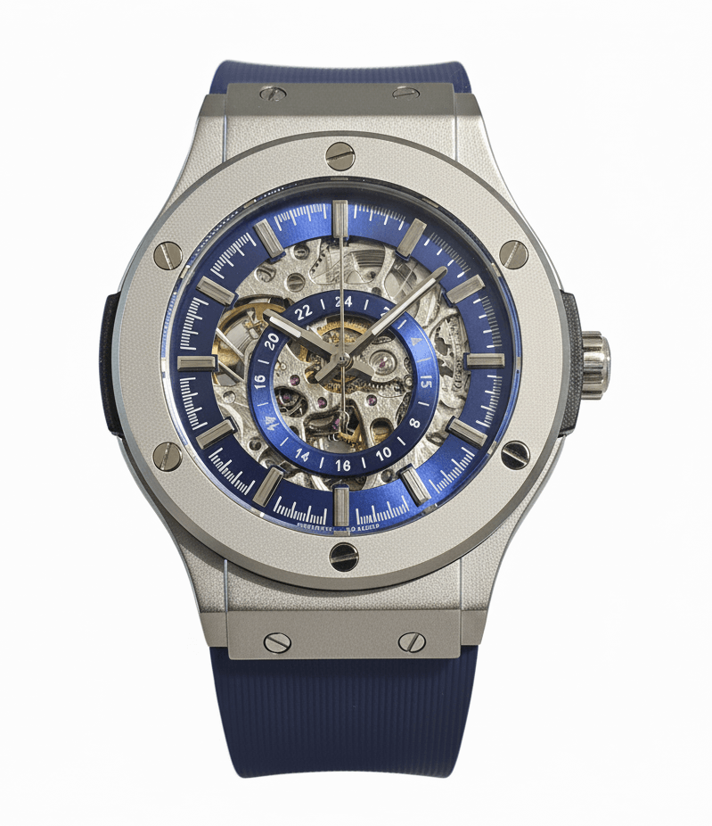 The 199 Blue - Skeleton Automatic Luxury Watch by Dapr with stainless-steel case and sapphire glass.