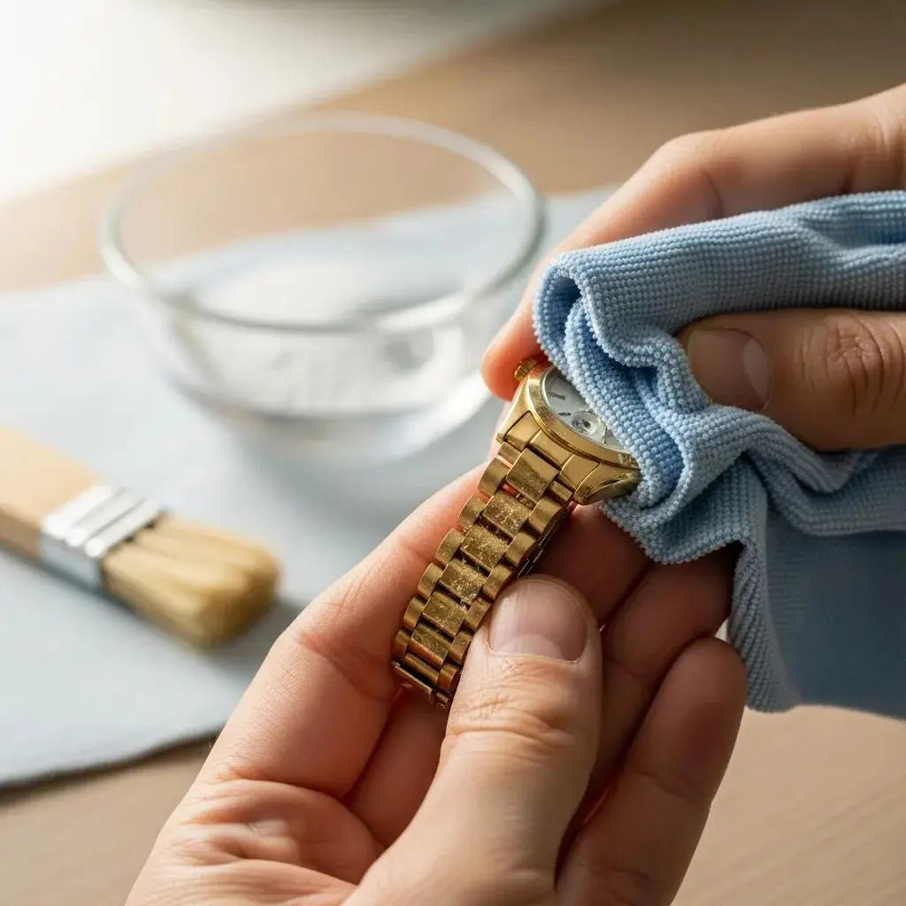 Person cleaning gold watch bracelet with microfiber cloth and cleaning supplies