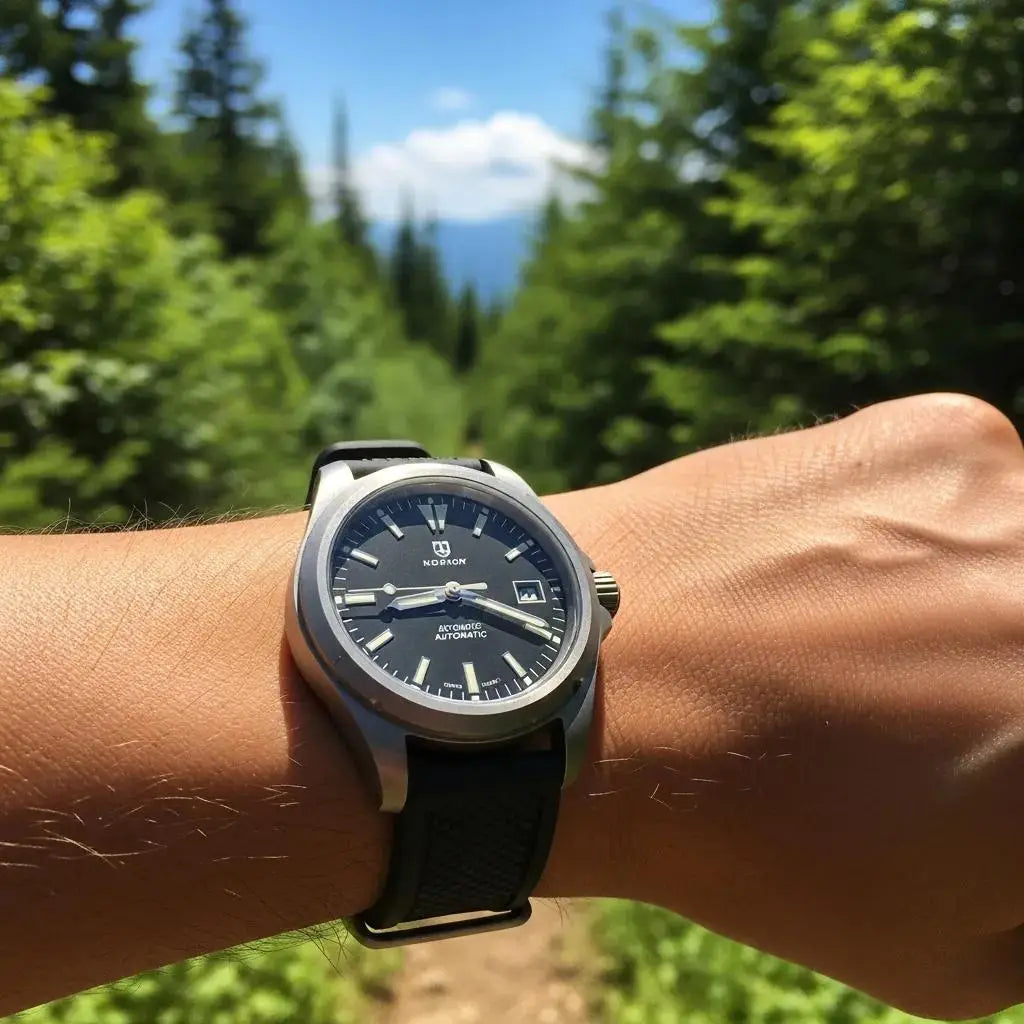 Person wearing a titanium automatic watch while hiking, emphasizing lightweight design and outdoor suitability