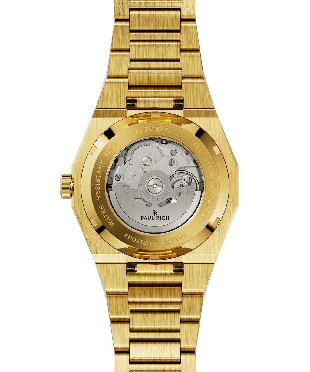 Gold watch with visible brand name on a white background