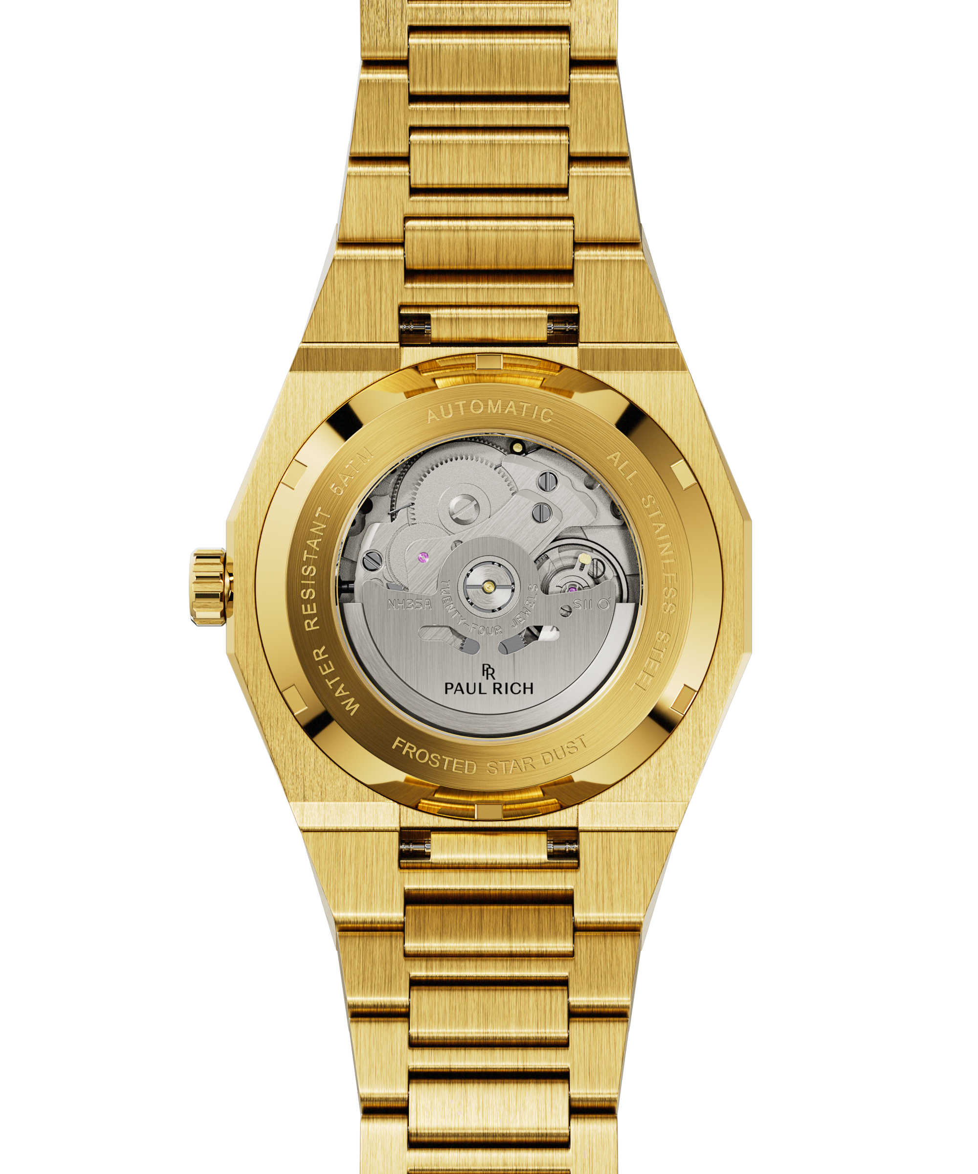 Gold watch with visible brand name on a white background