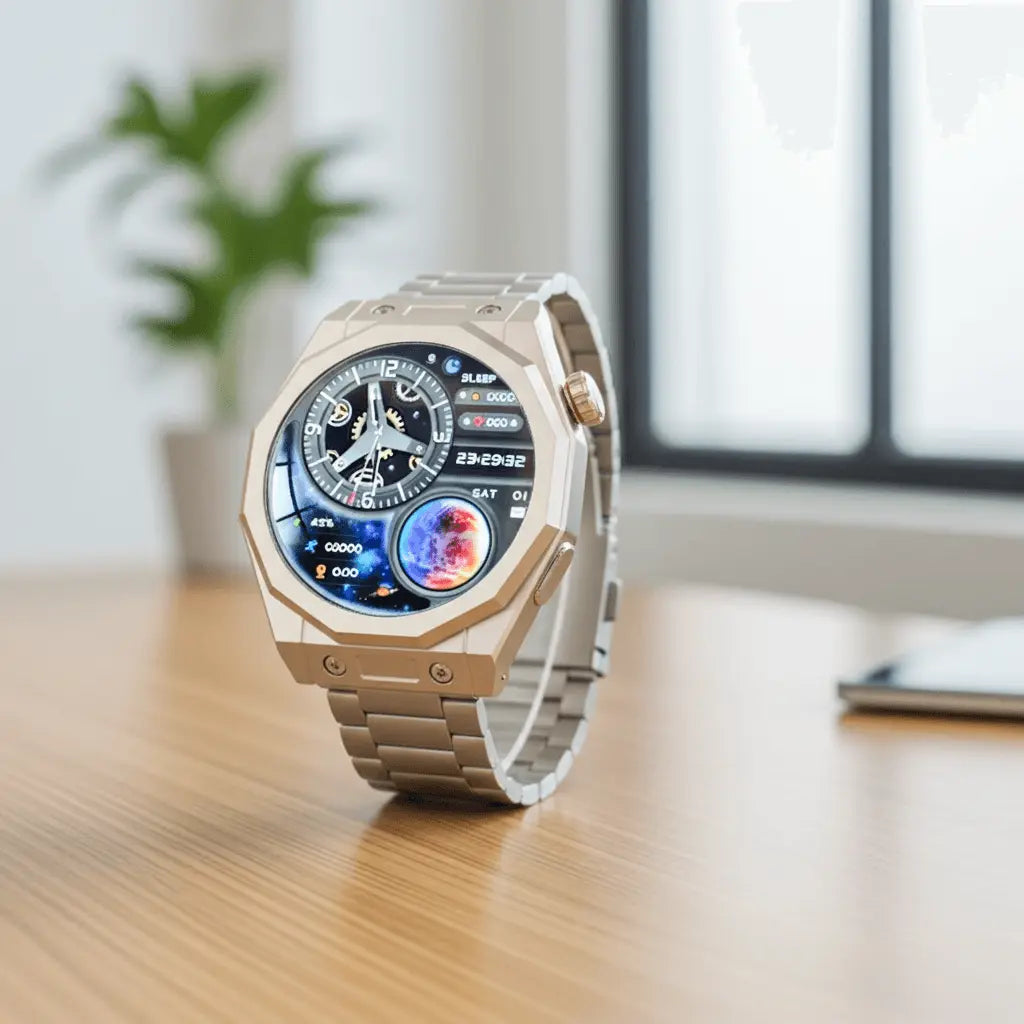 Gold-tone stainless steel smartwatch with a multifunctional digital display featuring cosmic-themed graphics and analog clock face elements.