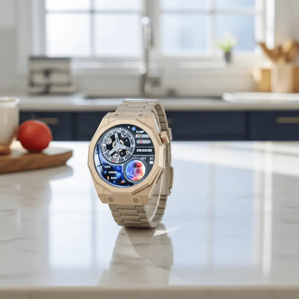 Gold-tone stainless steel smartwatch with a digital display showing space-themed graphics and multiple data readouts.