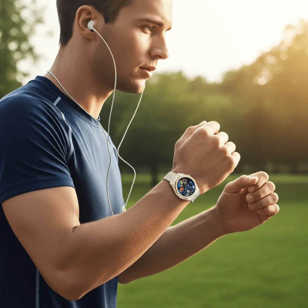 Silver-toned smartwatch with a circular face displaying colorful digital elements and a metallic link bracelet.
