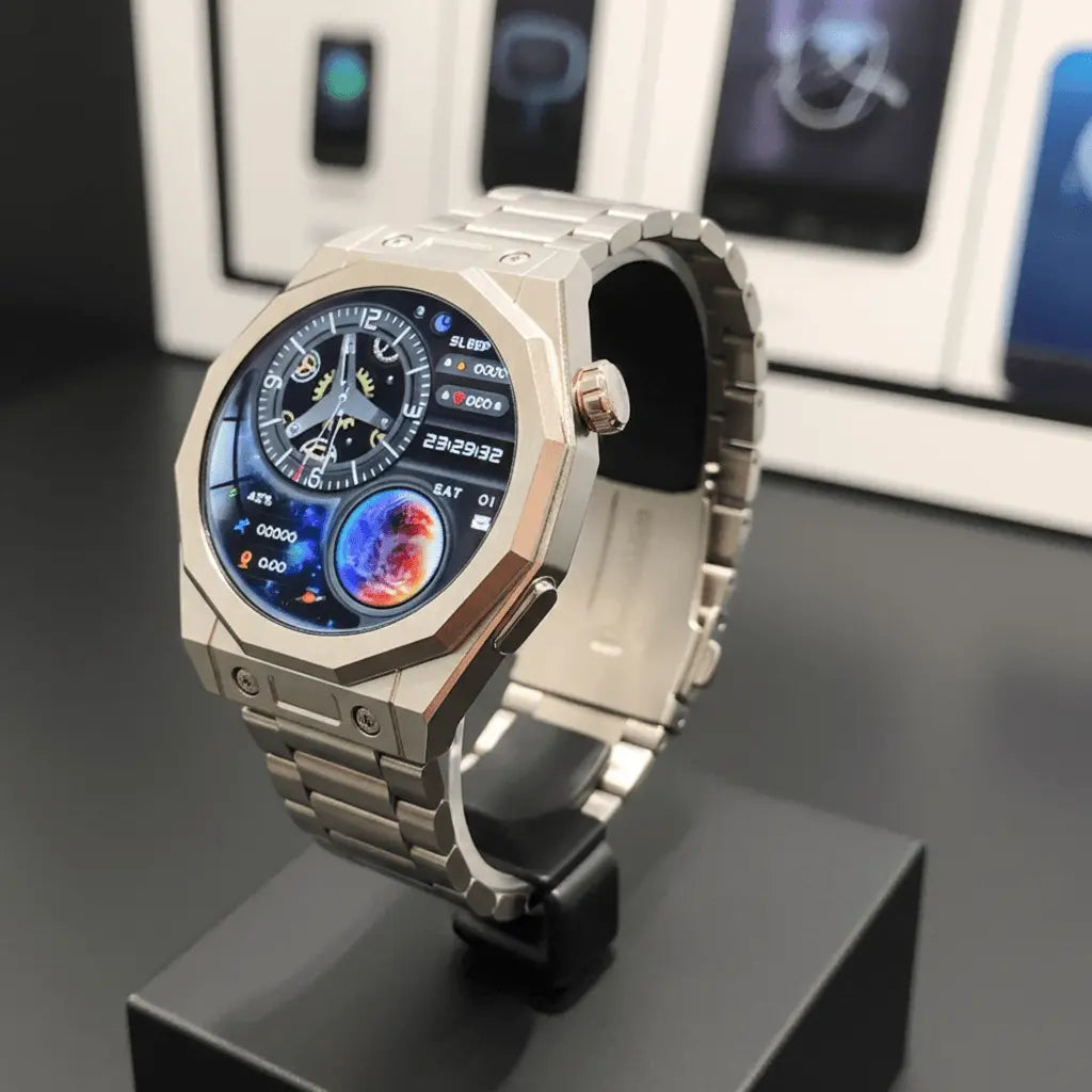 A sleek, silver-toned smartwatch with a multi-functional digital display featuring cosmic-themed graphics and various data readouts.