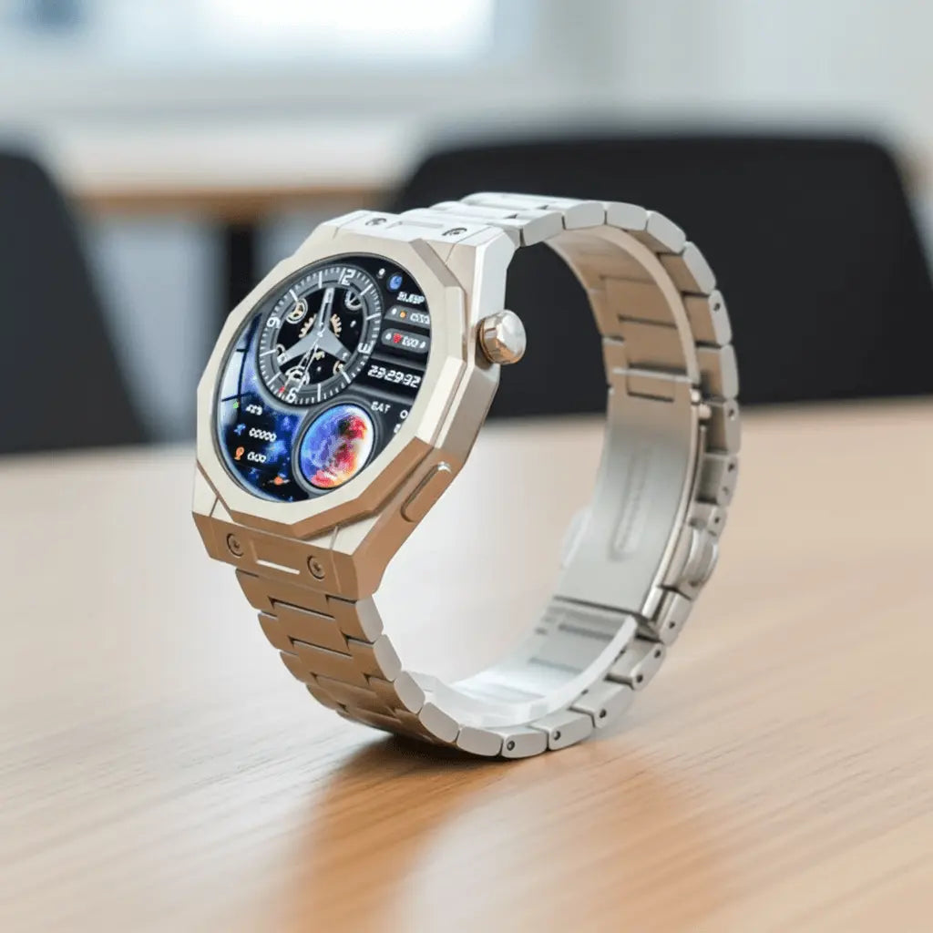 A sleek, silver-toned smartwatch with a multi-layered digital face displaying cosmic-themed graphics and data metrics.
