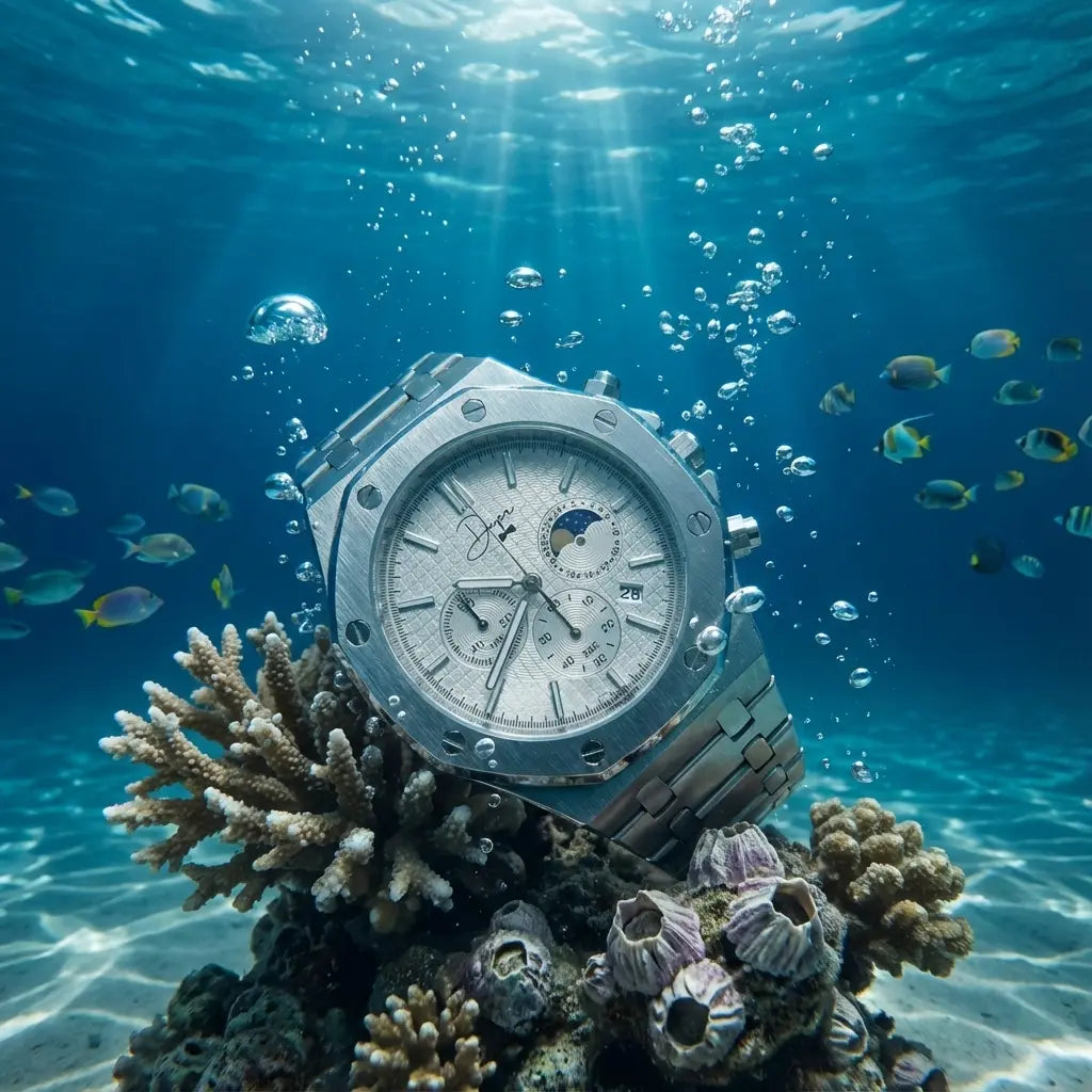 A silver-toned audemars piguet royal oak chronograph watch with a white dial, moon phase display, and textured bezel rests on coral underwater.