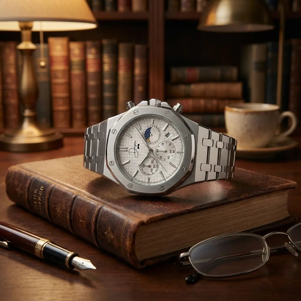 Silver-toned stainless steel chronograph watch with a white dial, moon phase display, and multiple subdials.