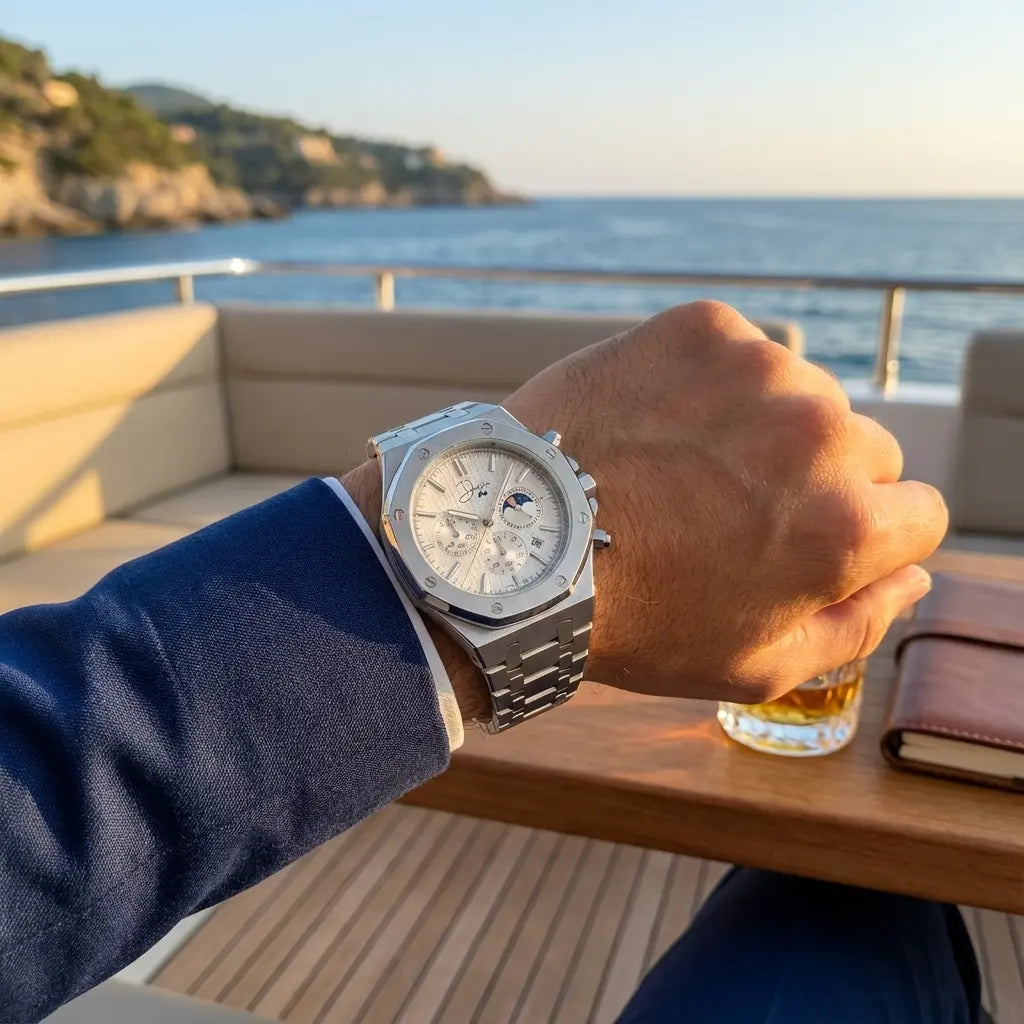 Silver-toned audemars piguet royal oak chronograph watch with a white dial and moon phase complication.
