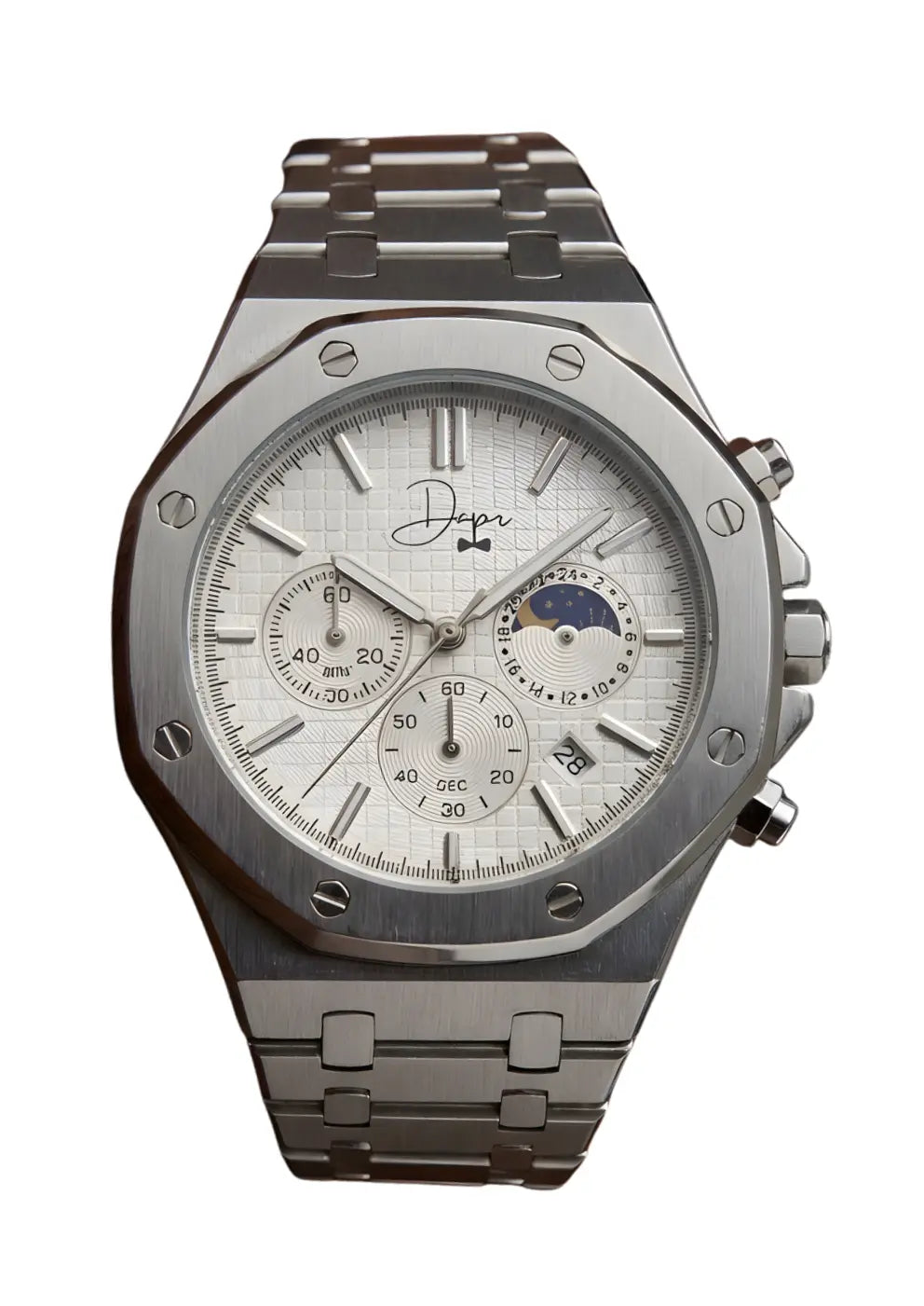 Silver-toned stainless steel chronograph watch with a white textured dial, moon phase display, and three subdials.