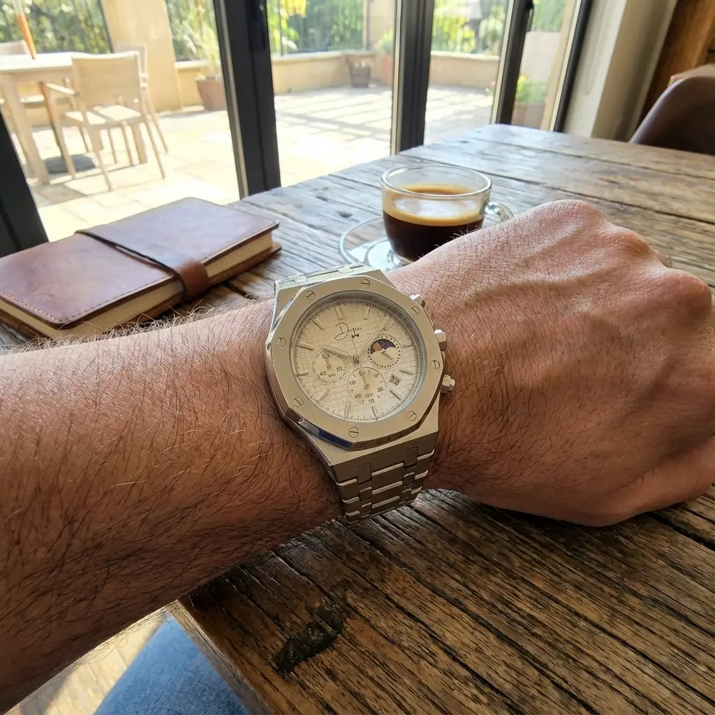 A silver-toned, octagonal-faced chronograph watch with a cream-colored dial and multiple subdials.