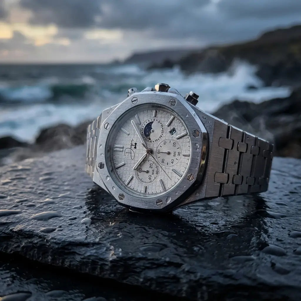 Silver-toned audemars piguet royal oak chronograph watch with a textured silver dial, moon phase indicator, and brushed metal bracelet.