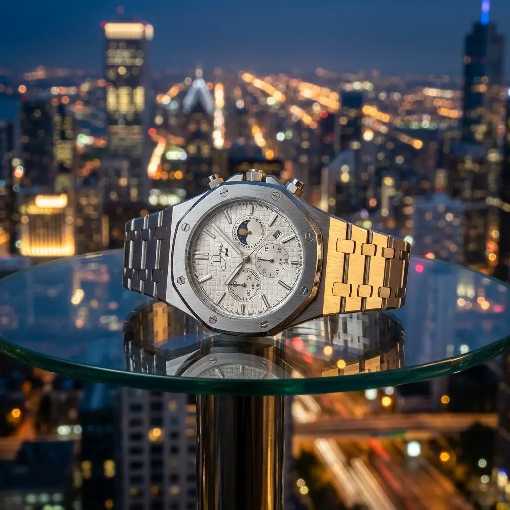 A two-tone audemars piguet royal oak chronograph watch with a silver-toned case and bracelet, gold accents on the bezel and right side of the band, and an off-white dial featuring moon phase display.
