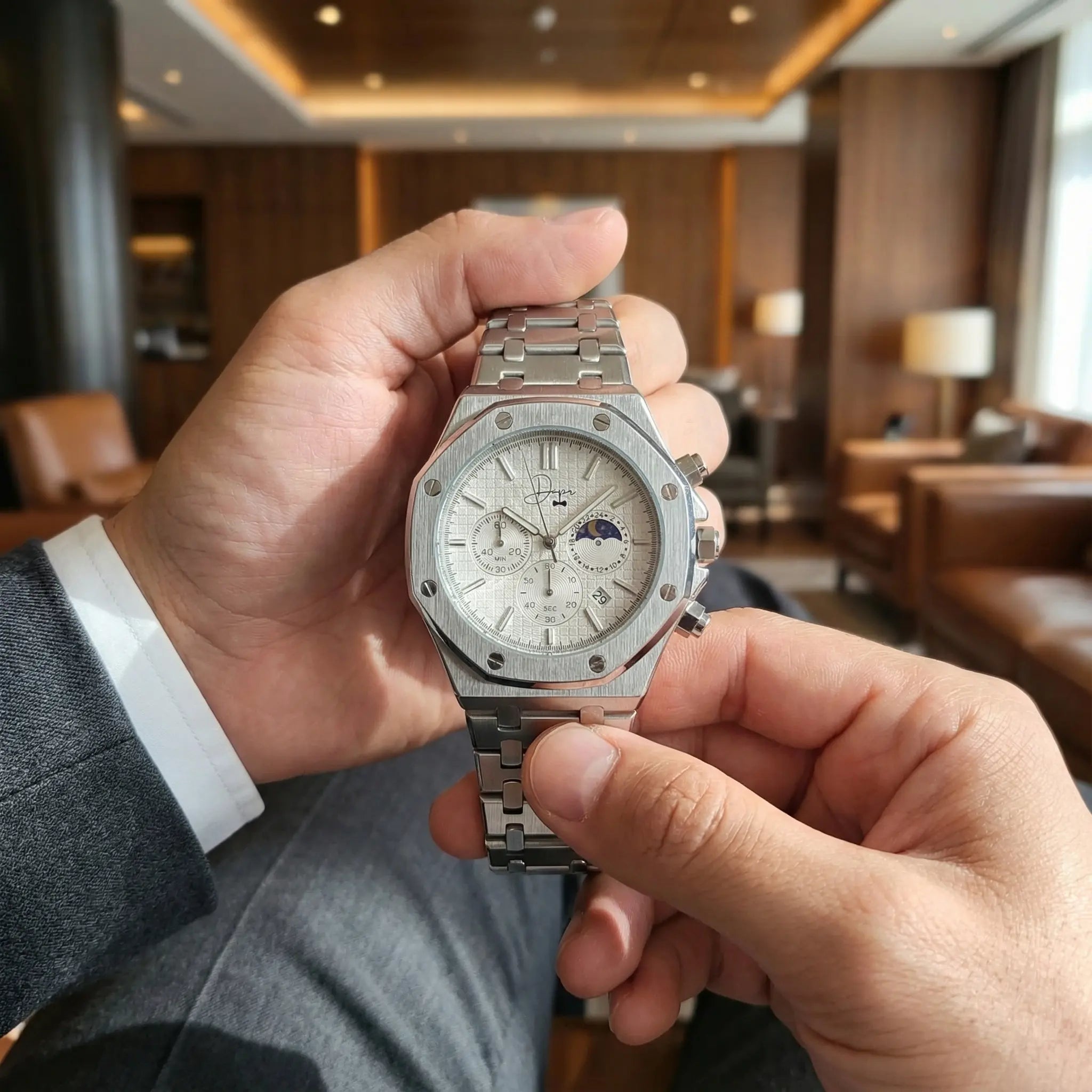 Silver-toned audemars piguet royal oak chronograph watch with a textured dial, moon phase indicator, and brushed metal bracelet.