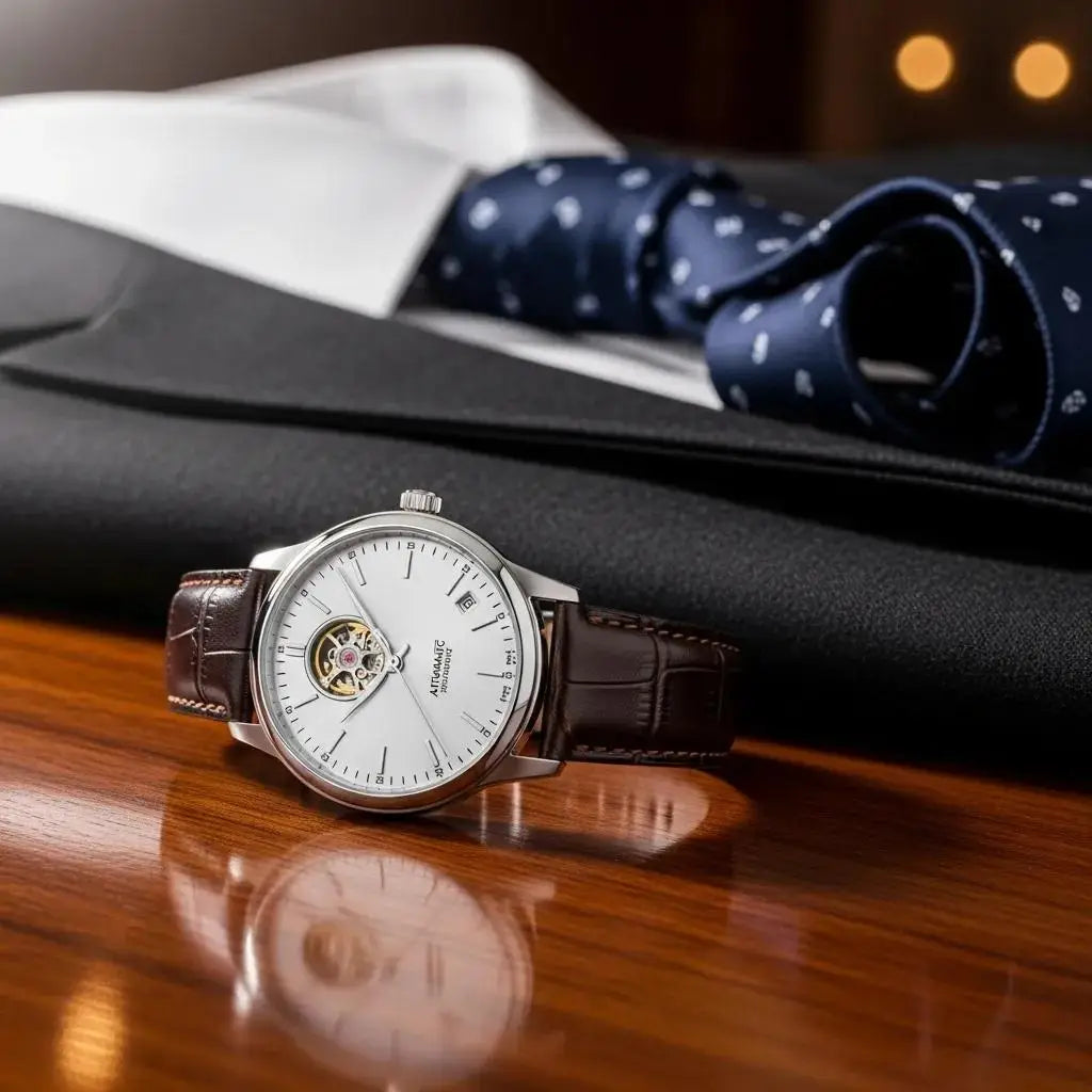 Stainless steel automatic watch displayed with formal attire, highlighting classic elegance and style