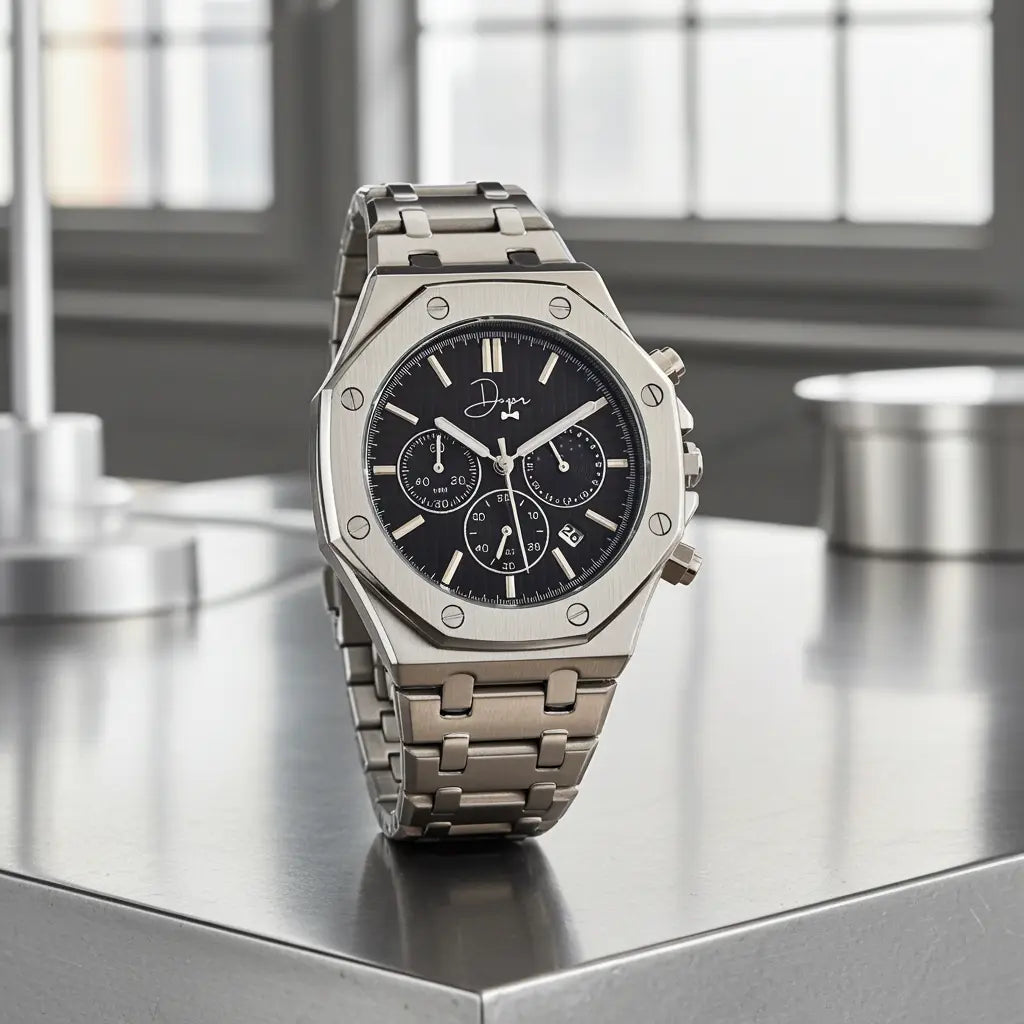 Stainless steel chronograph watch with a black dial, silver-tone hands and markers, three subdials, and an octagonal case.