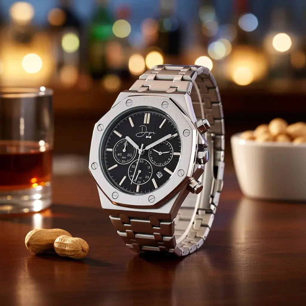A sleek silver-toned chronograph watch with a black dial, three sub-dials, and a polished metal bracelet.