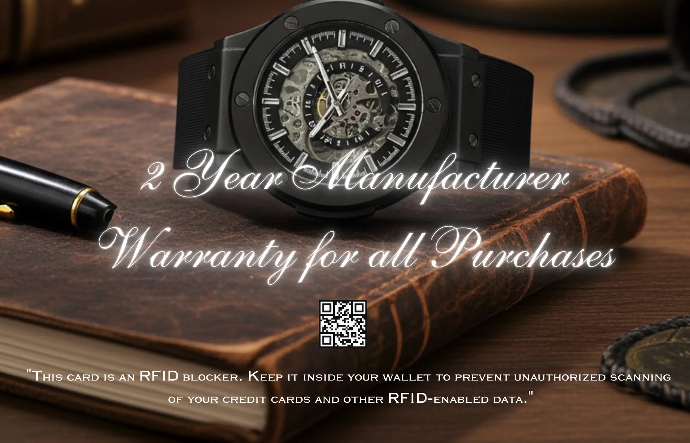 Black hublot watch with a skeletonized dial and textured strap.