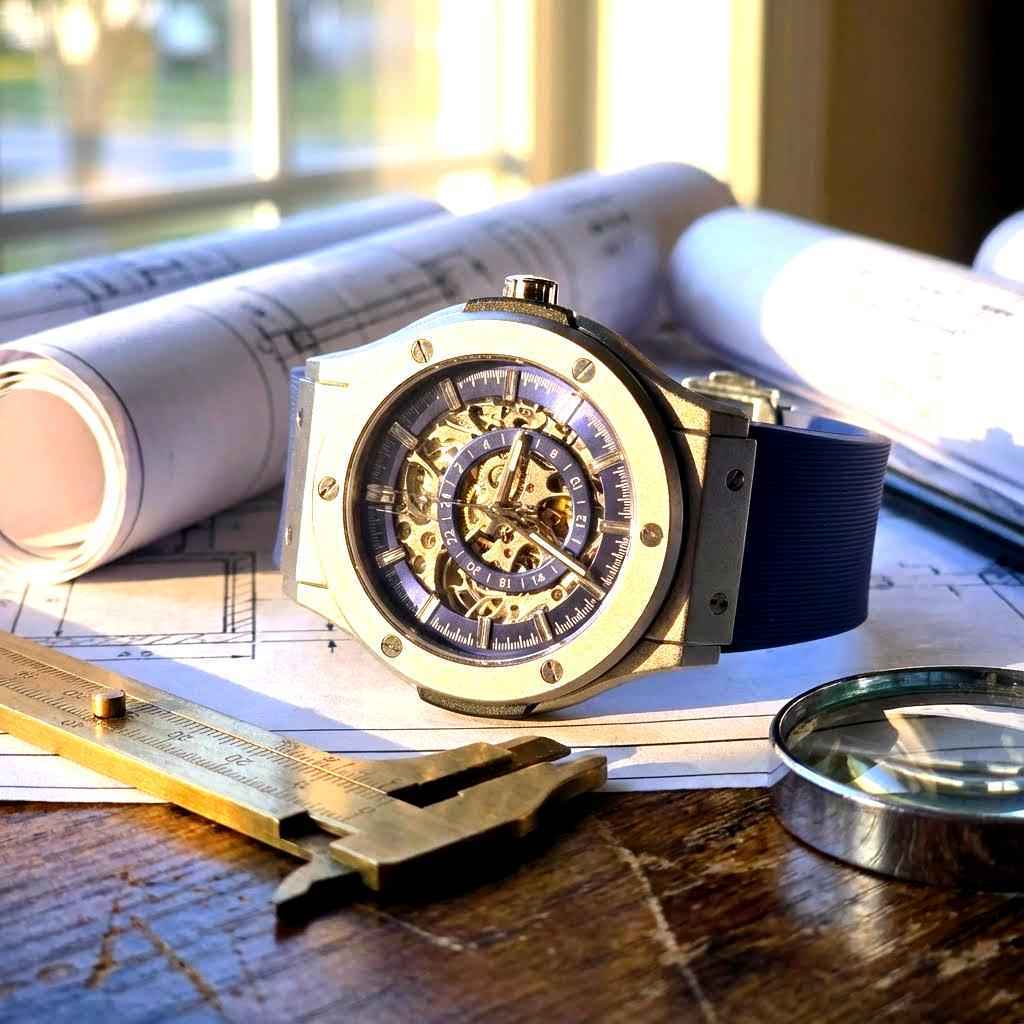 A luxurious gold-tone skeletonized hublot watch with a dark blue rubber strap, showcasing its intricate mechanical movement.