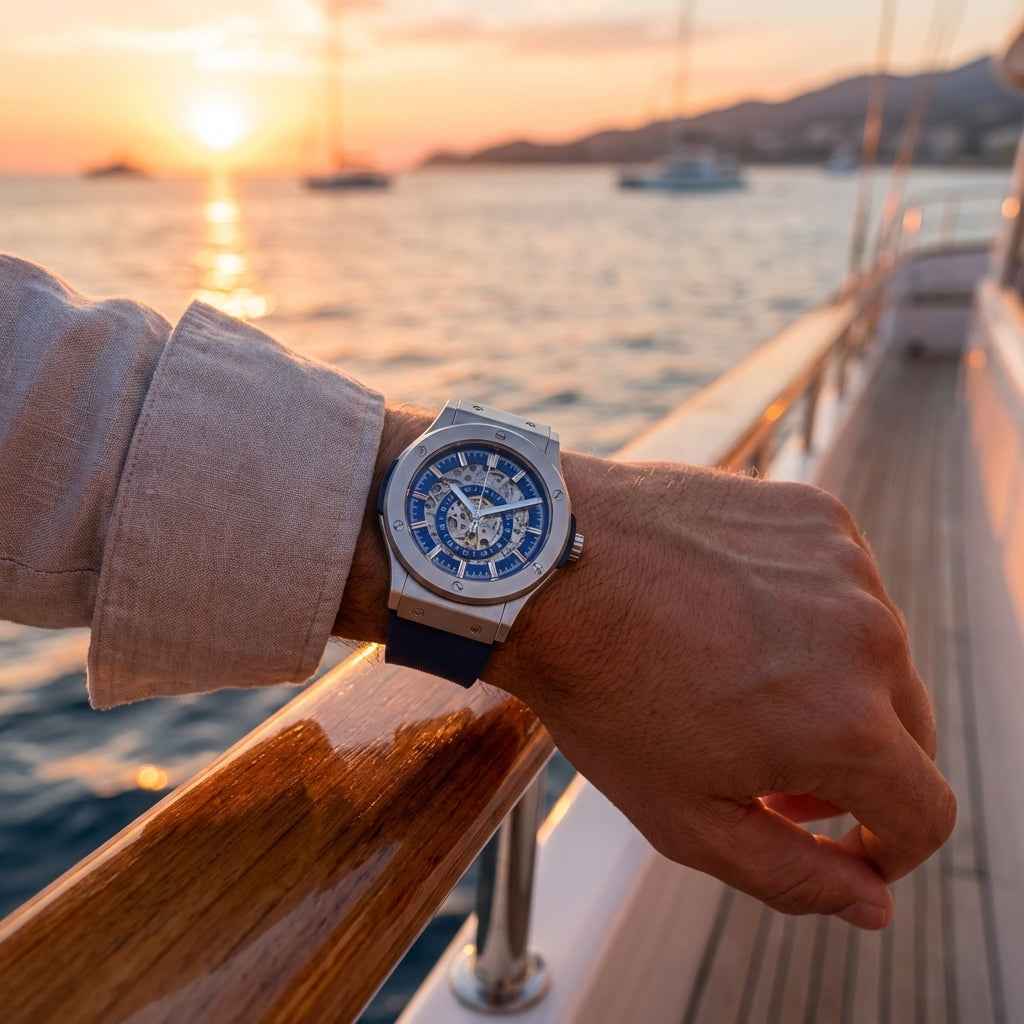 A sleek silver hublot watch with a blue skeleton dial and black strap, worn on a wrist against the backdrop of a sunset over water.
