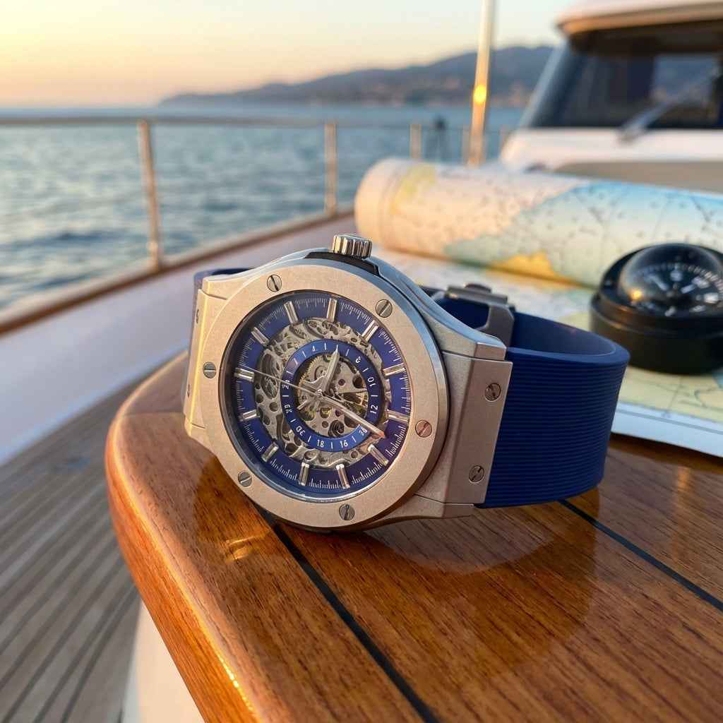 A sleek, silver-toned hublot watch with a blue dial and exposed skeletonized movement, paired with a vibrant blue rubber strap.