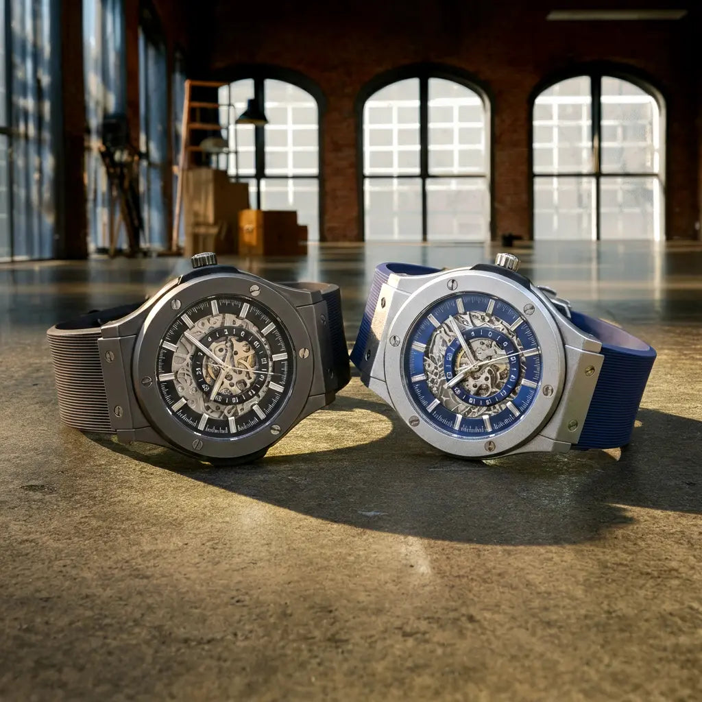 Two hublot watches with skeletonized dials—one in dark gray and the other in blue—feature exposed mechanical movements, metallic cases, and contrasting straps.